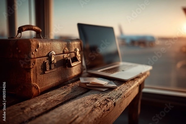 Fototapeta Laptop on airport lounge table with suitcase and boarding pass blank screen for travel booking ui