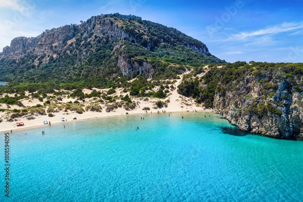 Obraz Aerial view of the popular Voidokilia beach in Messinia, Greece, with the old castle on top pf the mountain, sand dunes and turquoise sea