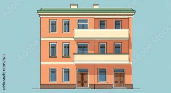 Fototapeta Illustration of apartment building with balconies and windows for architectural design use