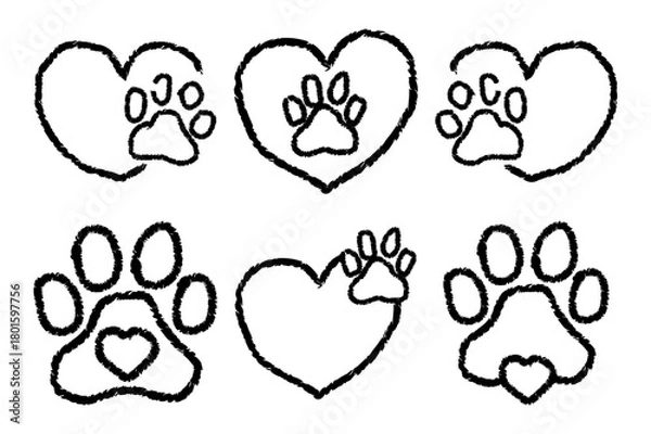 Obraz Hand Drawn Heart and Pet Paw Print Icon Set. Cute Dog and Cat Vector Design on White Background