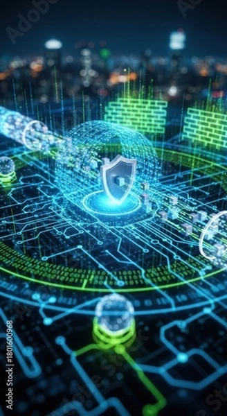 Fototapeta Futuristic digital security network with shield symbol and data transfer streams