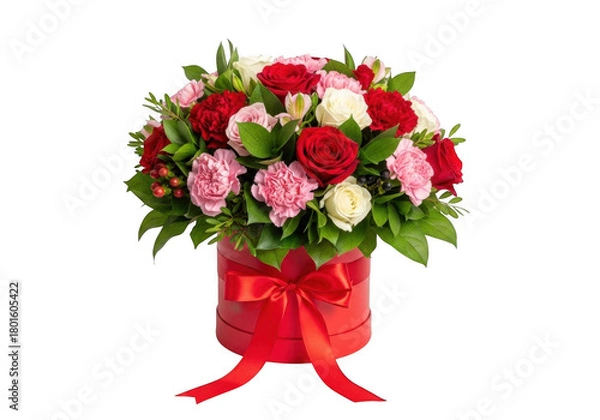 Obraz Floral Arrangement Blooming Roses Carnations Bouquet Red Box Ribbon Transparent
