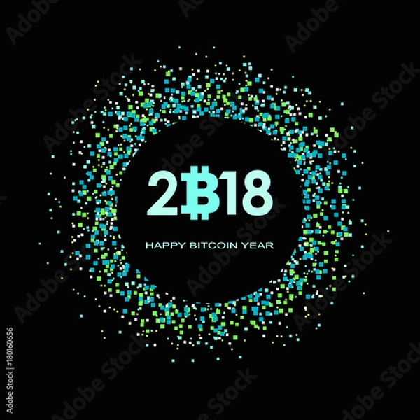Fototapeta Logo of Bitcoin digital currency on black background with phrase "Happy bitcoin year" .