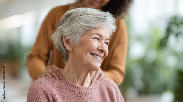 Fototapeta Loving care a senior woman smiles serenely as a gentle hand rests on her shoulders. Portrays support, family, compassion, and intergenerational bonds.
