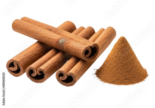 Fototapeta Fragrant Cinnamon Sticks And Powdered Spice For Culinary Use On Transparent Backdrop, Natural Ingredient