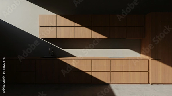 Fototapeta Sunlit modern kitchen design with wood cabinets and sleek minimalist details, a beautiful and functional interior space