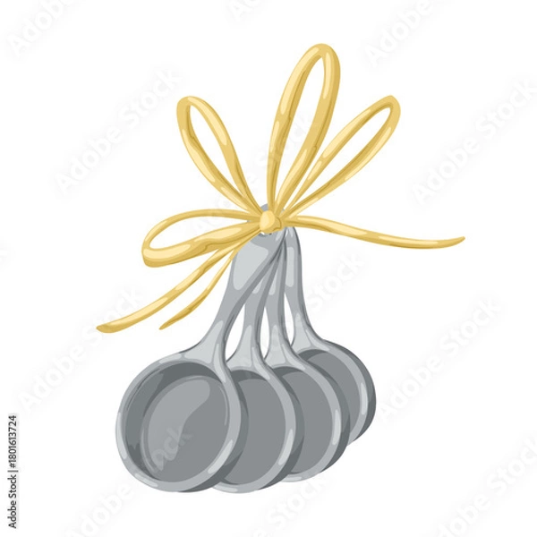 Fototapeta Set of metal measuring spoons tied with a gold ribbon. Hand-drawn vector illustration in a simple watercolor style, isolated for cooking blogs, recipe preparation, and kitchen utensil graphics.