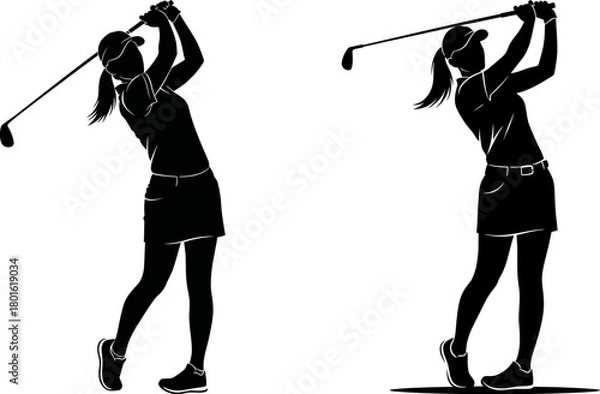Obraz Set of female golfer silhouettes, showing woman playing golf, swinging club, and in different athletic poses, isolated on white background