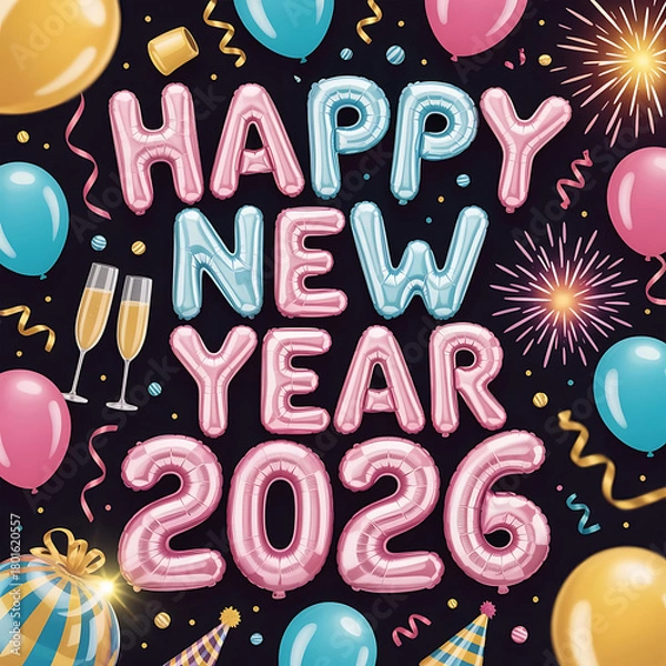 Fototapeta A seamless vector pattern with cartoon letters, symbols, and festive text for a happy new year party card design, perfect for the new year and Christmas holiday celebrations