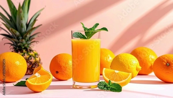 Fototapeta A vibrant still life featuring a tall glass of orange juice, whole and sliced oranges, lemons, a pineapple, and mint leaves on a pink background.