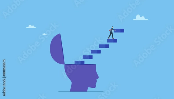 Obraz Businessman build growing stair from his head. Personal development or personal growth, self improvement to develop mindset, knowledge or skill to achieve success, motivation or advancement.