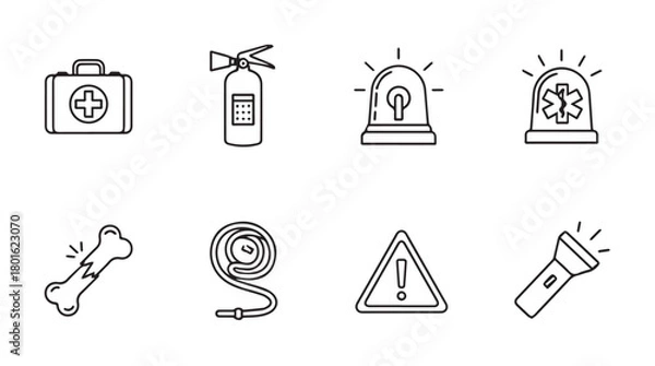 Fototapeta Collection of emergency and safety icons in a simple line art silhouette style
