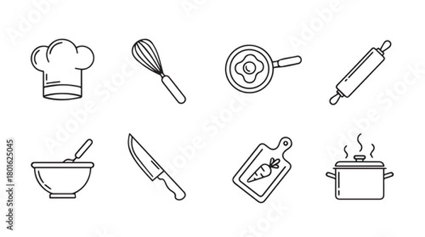 Fototapeta Collection of hand drawn cooking utensils and chef hat in a simple line art silhouette style