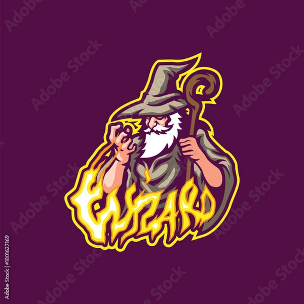 Fototapeta Wizard mascot logo design vector. Wizard illustration with fire in hand.