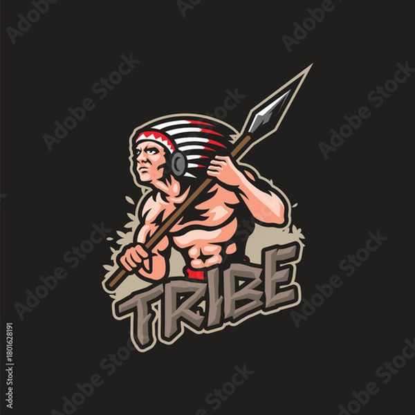 Obraz Tribe mascot logo design vector. Tribe illustration with spear in hand.