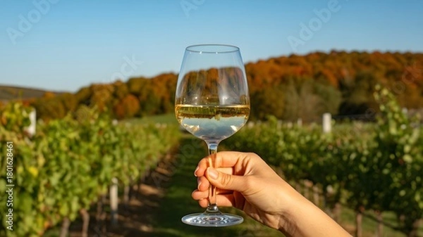 Fototapeta Hand holding a glass of white wine with a vineyard and autumn foliage in the background on a sunny day