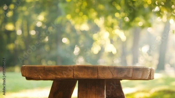 Fototapeta Rustic wooden table surface in a sunlit forest clearing with soft bokeh background perfect for product placement