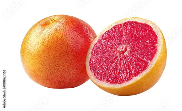 Obraz Ripe pink grapefruit, one whole, one halved, on black