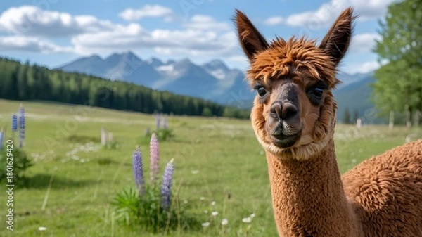 Fototapeta Close up portrait of a curious brown alpaca standing in a vibrant green mountain pasture with purple lupine flowers and majestic peaks in the background
