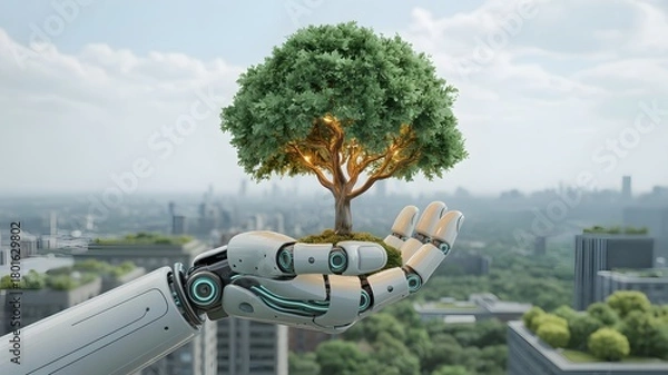 Fototapeta Robotic hand gently holding a vibrant green tree with a city skyline in the background symbolizing environmental technology and sustainability