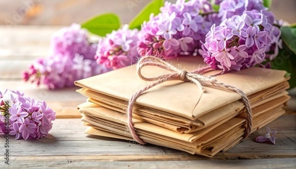 Obraz Stack of Envelopes with Lilac Flowers on Wooden Table.