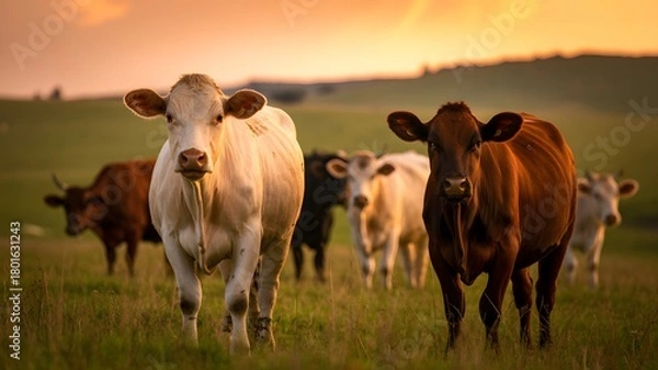 Fototapeta Herd of cattle grazing peacefully in a sun drenched meadow during a warm golden hour sunset in the countryside