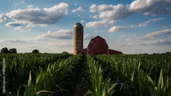 Fototapeta Classic american farm scene with red barn and silo rising above a lush green field under a dramatic cloudy sky