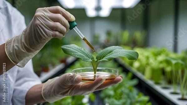 Fototapeta Scientist in laboratory wearing gloves carefully adds liquid from dropper to a small plant in a petri dish for research