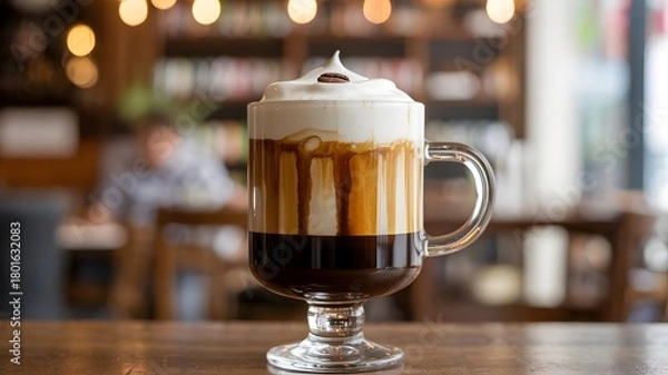 Fototapeta Delicious irish coffee with whipped cream and caramel drizzle served in a clear glass mug on a wooden table