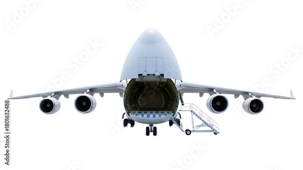 Fototapeta Large cargo airplane with open nose and stairs ready for loading on transparent background