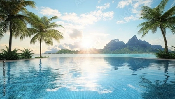 Fototapeta Tropical resort infinity pool with palm trees overlooking ocean and mountain landscape at sunrise