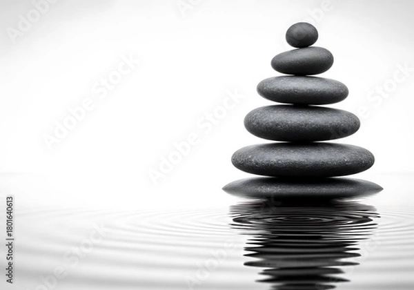 Fototapeta Stack of black pebbles in calm water creating ripples  