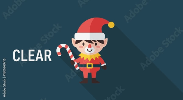 Fototapeta A delightful flat design Christmas elf character, wearing a festive red suit and hat, holds a candy cane against a dark blue background, perfect for holiday cheer.