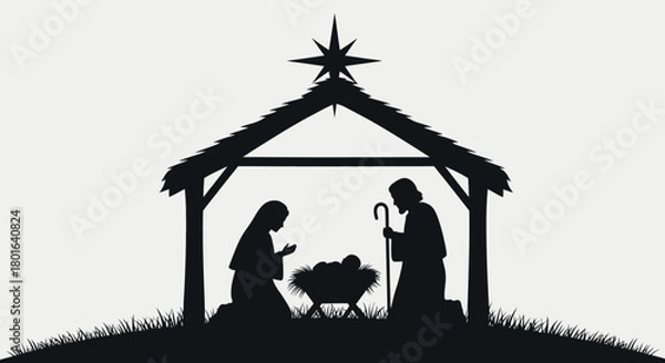 Fototapeta A serene silhouette depicts the sacred Nativity, illustrating Mary, Joseph, and baby Jesus in a humble stable under a guiding star.