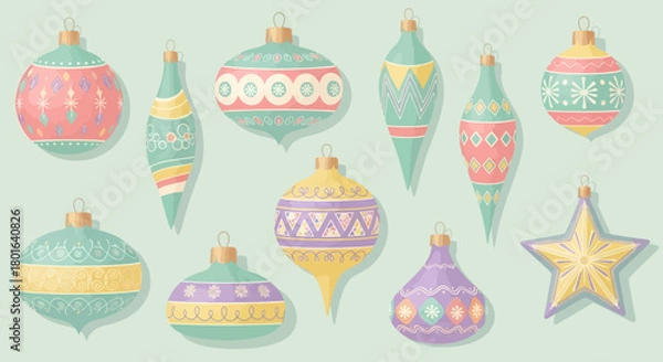 Fototapeta A delightful collection of pastel-colored Christmas ornaments with intricate patterns, perfect for holiday season designs and festive celebrations.