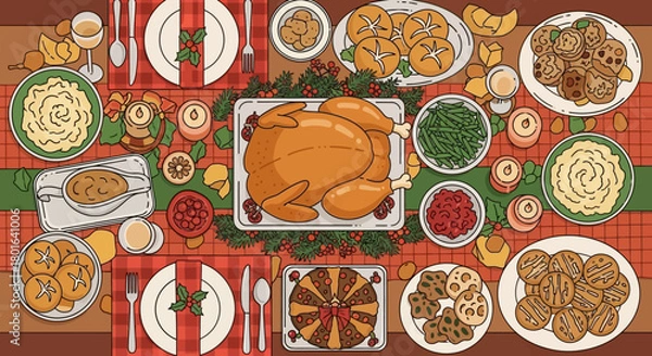Obraz An inviting top-down illustration of a bountiful holiday feast, featuring a roasted turkey and numerous delicious side dishes on a festive table.