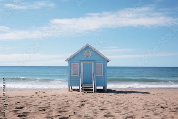 Fototapeta lonely small blue house is on beach. sky is clear and sun is shining