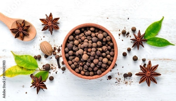 Obraz Aromatic Spices - Star Anise and Peppercorns on White Surface.