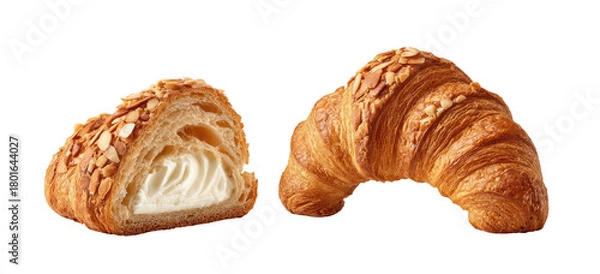 Obraz Golden croissant halves filled with creamy goodness and topped with almonds