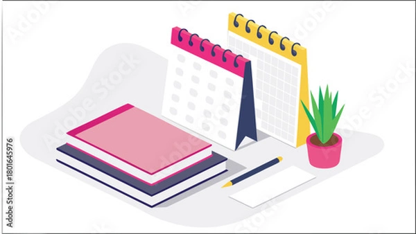 Fototapeta Modern isometric desk setup featuring a laptop notebooks and a wall calendar perfect for creative workspaces and productivity themes