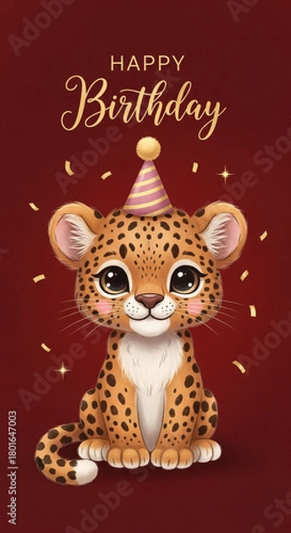 Obraz Adorably cute baby cheetah wearing a party hat celebrates a joyful birthday with festive confetti and golden sparkles on a rich red background