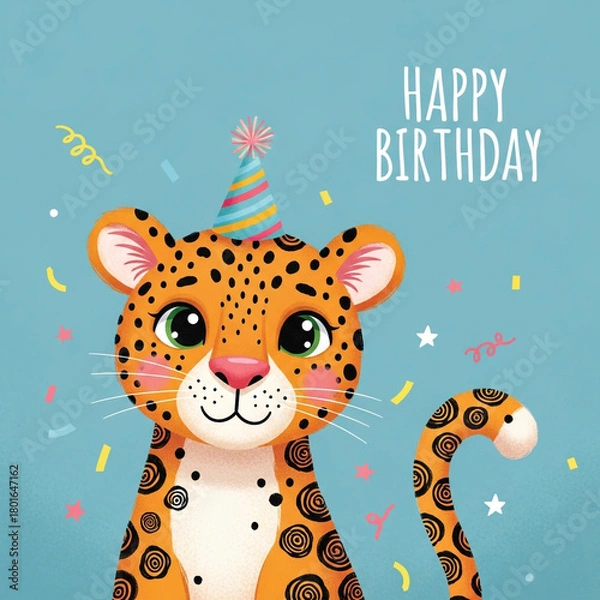 Obraz Adorable cartoon leopard wearing a festive party hat celebrates with colorful confetti, wishing happy birthday for a joyous occasion