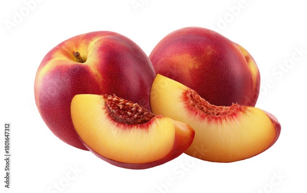 Obraz Ripe nectarines, one whole, two slices, showcasing vibrant colors and texture