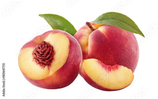 Obraz Fresh nectarines with leaves, one sliced revealing pit and flesh