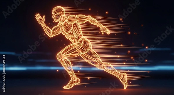 Fototapeta Dynamic glowing human form in full sprint motion, radiating energy and speed with vibrant light trails symbolizing progress and achievement.