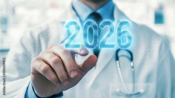Fototapeta Doctor in white coat points to glowing numbers 2026 in futuristic setting, symbolizing medical innovation and future healthcare