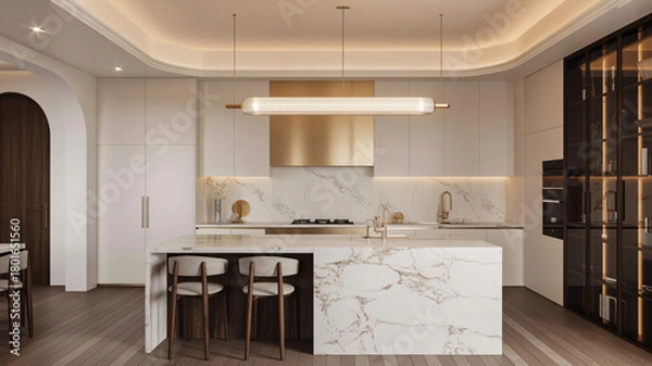 Fototapeta Elegant modern kitchen with marble island and sleek gold accents create a sophisticated culinary space for cooking and entertaining