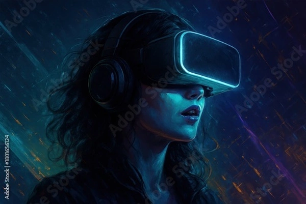 Fototapeta woman wearing a sleek VR headset and headphones, illuminated by neon blue and purple light. The image captures the immersive and intense experience of virtual reality