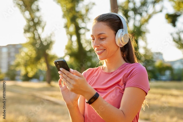 Obraz Smiling woman wearing headphones interacts with her phone in a park. Bright sun illuminates the background, highlighting her enjoyment of music and recreation in a healthy outdoor environment.