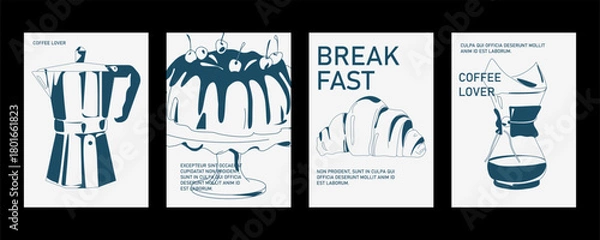 Obraz La dolce vita breakfast posters. Vector illustration of food and coffee. Minimalist line art. Illustration for invitations, menus design, social media.